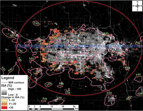 Figure 1. Blue transect across Omaha shown overlaying the 2001 percent impervious surface area (percentage ISA) and 2006 percentage ISA change along with contours derived from MODIS band 23 radiance (W m–2 μm−1 sr−1) on day 215 of 2009 in pink, with radiance values in green.