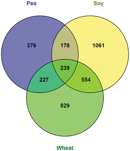 Figure 2. Venn diagram representing the total number of genes associated with differential methylation either in the genic and/or intergenic regions of the mid intestine of zebrafish fed with plant protein–based diets in comparison to control fish fed with a fishmeal diet.