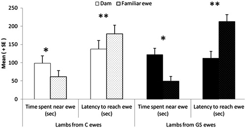 Figure 4. Effect of exposure to chronic stress during gestation on lamb preferences between the mother and a familiar ewe observed in a two-choice test performed at 15 h post-partum. GS, gestationally stressed and C, control, ewes; GS, N = 19 and C, N = 18; lambs from GS ewes, N = 33; lambs from control ewes, N = 26. Statistical GLM procedure *p < 0.05; **p < 0.01. Data are mean ± SEM.