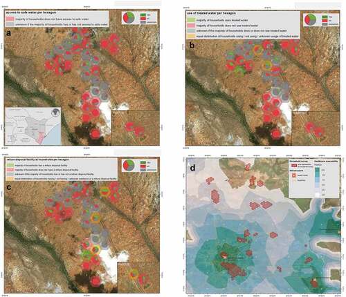 Figure 11. Selected map products for vulnerability to diarrhoea in Tana River, Kenya; (A) access of households to safe water; (B) access of households to water treatment; (C) access of households to refuse disposal; (D) walking distance to nearest health facility, Analysis: Z_GIS.