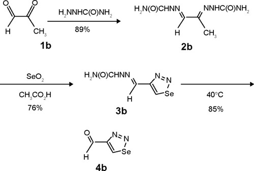 Figure 2 Synthesis of compounds 2b: Methylglyoxal bis(semicarbazone), 3b: 1-(1,2,3- Selenadiazole-4-yl) carbaldehyde semicarbazone, 4b: 1-(1,2,3-Selenadiazole-4-yl) carbaldehyde.
