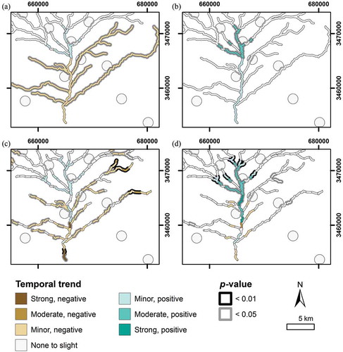 Figure 8. Results showing the temporal trend in areal proportion of healthy vegetation as determined by application of threshold to NDVI and NDII rasters. Positive trends indicate an increase in healthy vegetation area in a zone, and negative trends indicate a loss of healthy vegetation in a zone. Slope of the regression (m) represents the strength of the temporal trend and is signified by color, p values are signified by the border. (a) Major zone NDII trend. (b) Major zone NDVI trend. (c) Minor zone NDII trend. (d) Minor zone NDVI trend. Projection is WGS84 UTM 12N.