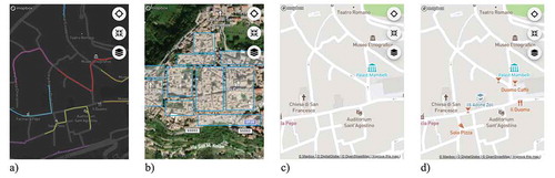 Figure 2. a) Dark theme base map with selectable line features of map-related tasks T4 and T5; b) Hybrid imagery base map with selectable polygon features of map-related task T6; c) Regular-density Mapbox Streets base map in combination with a selectable point feature; d) Dense Mapbox Streets base map in combination with two selectable point features