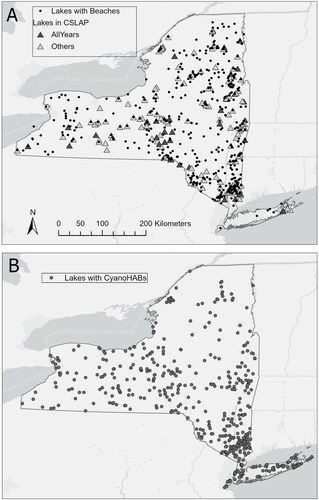 Figure 1. Map of lake locations within New York, United States. (A) Triangles are locations of lakes that were sampled in the Citizen Statewide Lake Assessment Program (CSLAP). Darker shaded triangles were in the program every year of the study (2012–2020); lighter shaded triangles are all other lakes included in the program at least 1 year. Closed circles represent the location of all lakes with beaches. (B) Circles are lakes with cyanoHABs that met the New York Department of Environmental Conservation (DEC) Bloom Status criteria during the study period. Each circle represents 1 lake, regardless of Bloom Status or recurrence.