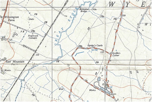 Figure 4. Spider’s Castle, now demolished and cress-beds close by are no longer on recent OS map series; brickworks and clay pit to the south of Spider’s Castle (extract from Sheet TR04).
