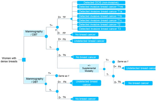 Figure 1. Decision tree structure. Abbreviations: DBT, digital breast tomosynthesis; D, disease; T, test; +, positive; ‒, negative; TP, true positive; FP, false positive; FN, false negative; TN, true negative. T1m, tumor size ≤1 mm; T1a, tumor size >1 mm and ≤5 mm; T1b, tumor size >5 mm and ≤10 mm; T1c, tumor size >10 mm and ≤20 mm; T2, tumor size >20 mm and ≤50 mm; T3 tumor size >50 mm. Notes: T + and T‒ represent screening modality outcomes. TP, FP, FN, and TN represent pathological (biopsy) diagnosis outcomes. Supplemental imaging modalities under study: Ab-MRI, full MRI, CEM, and U/S. Dashed line (+/‒) indicates that the supplemental modality screening can be implemented or not depending on the result from the XM/DBT screening. When not implemented, the diagnostic outcomes FN/TN come directly from XM/DBT screening. When implemented, the diagnostic outcomes FN/TN come after the supplemental modality screening. The lower arm represents standard of care (i.e. screening with XM or DBT alone) and does not include supplemental modality screening. Each diagnosis outcome was directly associated with a terminal node in the decision tree and was each linked to a health state in the Markov model, as illustrated in Figure 2. True positive screening outcomes were related to detected breast cancer of a particular tumor size following the tumor, node, and metastasis (TNM) system for staging breast cancerCitation36. False positives and true negatives were interpreted as no breast cancer. False negatives were assumed to relate to undetected breast cancer.