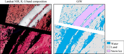 Figure 10. Water body derived for the central part of Lake Mistassini, Canada.Note: The Landsat ETM+ acquired on 28 August 2002, at p016r025 showing a clear image of the water bodies, which were covered with ice in the ETM+ acquired on 14 May 2001, at p015r024.