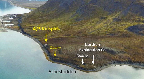 Figure 2. Location of Camp Asbestos, including the facilities of A/S Kulspids and the Northern Exploration Co. (Photo Ł. Pawłowski 2016).