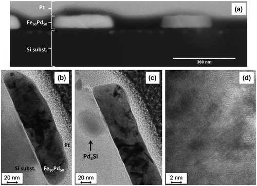 Figure 5. (a) STEM; (b) and (c) bright field TEM; (d) HRTEM images of cross section of patterned Fe50Pd50 thin film (dot diameter 328 nm and thickness 50 nm) annealed at Ta = 600°C for 1200 s. In (b), (c) the L10 ordered tetragonal phase is present, while a Pd2Si grain can be observed in (c). A magnified view of the dot from panel (c) is shown in (d).