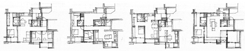 Figure 7. Floorplan variations of the four design themes: the three-bedroom type, home- office type, detachable type, and courtyard type