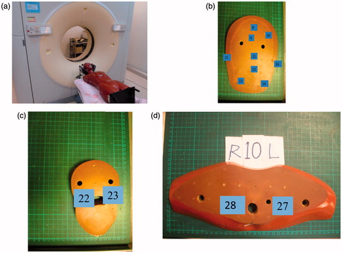 Figure 1. (a) CT of the Rando phantom in CT unit and details of TLD in (b) third section (c) seventh section and (d) the tenth section.