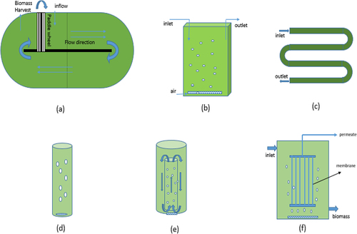 Figure 3. Schematic representation of algal-bacterial systems (a) high rate algal pond (b) flat-plate PBR (c) tubular PBR (d) bubble column PBR (e) internal-looping column PBR (f) membrane PBR.