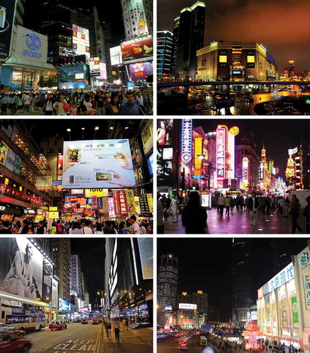 Fig. 1. Photographs of the six commercial business districts in this study. Left (from top to bottom): Causeway Bay, Mongkok, and Tsim Sha Tsui in Hong Kong; right (from top to bottom): Lujiazui, Nanjing Road Pedestrian Street, and Xujiahui in Shanghai.