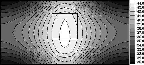 Figure 5. Temperature distribution corresponding to U = 11.2 V, asymmetrical position of tumour.