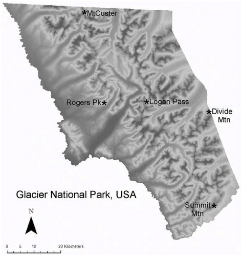 FIGURE 1. The locations of the sites for which Daymet climate data was derived for descriptive context. The latitude and longitude of Logan Pass are 48.6952°N, 113.7180°W.