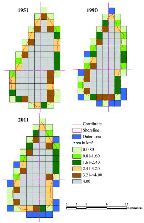 Figure 3. Distribution of area in grids for different years.