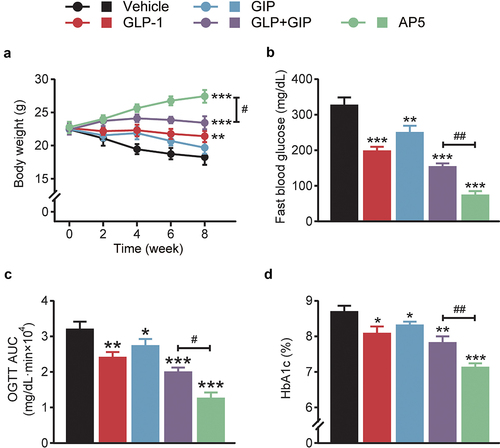 Figure 3. Chronic effects of AP5 treatment on the diabetic symptoms of the diabetic mice. (a) Body weight, (b) fasting blood glucose level, (c) glucose tolerance and (d) HbA1c (%). *P < 0.05, **P < 0.02, ***P < 0.001 vs. saline-treated model group. #P < 0.05, ##P < 0.02 vs. GLP-1+ GIP group. Data are presented as the means ± SD (n = 6 each group).