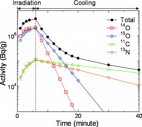 Figure 6 Calculated time evolution of the residual radioactivities produced in a water target irradiated by a 150 MeV proton beam for 6 minutes. This calculation was performed using PHITS2.52 in combination with DCHAIN-SP and the [T-DCHAIN] tally. The lines are guide for the eye