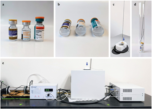 Figure 1. Noninvasive wNMR measurements of vaccines. (a). Daptacel®, Engerix-B®, and VAQTA® (left to right) vials contained 0.5-, 1.0-, and 1.0- mL aqueous vaccine suspension respectively. (b). The label mostly obscures the view of the suspension inside the vials, but the bottom view of vials laying on their side shows the suspension inside the vials. (c). Measurements were made on sealed, intact vials with labels, that were lowered, via a thread looped around the vial neck, into an inner and outer glass NMR tube situated inside the NMR probe. (d). View of vial inside inner and outer glass NMR tubes. (e). Temperature-controlled benchtop NMR relaxometer (Resonance Systems GmbH) with an arrow indicating the bore location for sample lowering into probe.
