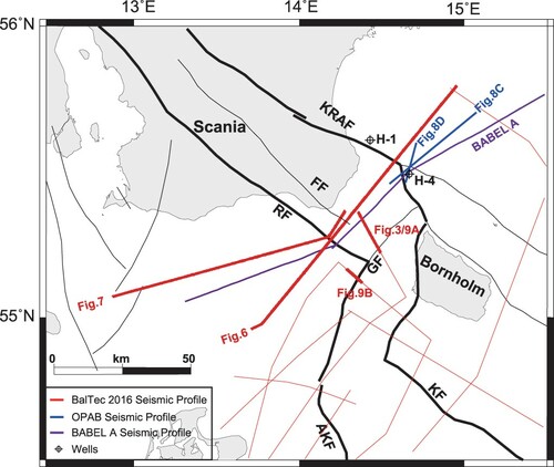 Figure 2. Survey map showing location of profiles and boreholes discussed in this paper and references to key figures.