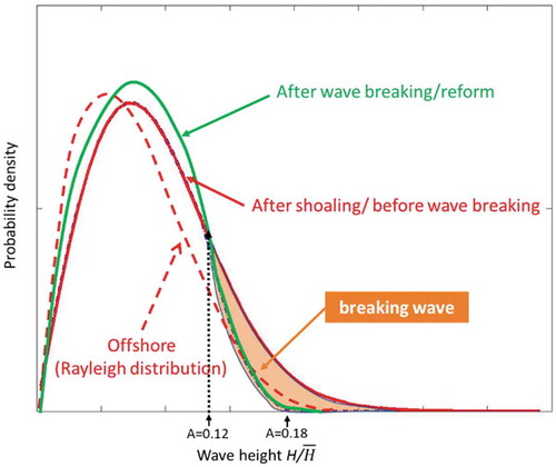 Figure 7. Change of wave height distribution before and after wave breaking. H shows the wave height and Hˉ shows the mean wave height.