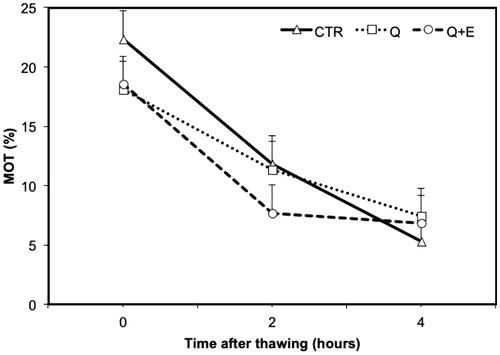 Figure 1. Decay curve for the motility (%MOT) on frozen-thawed spermatozoa suspended with standard extender (CTR) or with extender added with coenzyme Q (Q) or coenzyme Q plus vitamin E (Q + E). Values are least square means ± SE.