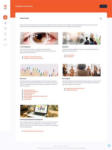 Figure 3. iCaretrack quality improvement program and its components for diabetes module. The glaucoma eyecare module had a similar layout and presentation. The focus of the program was the i-ACT (iCaretrack: assessment of appropriateness in Clinical pracTice) dashboard. Other supporting components included education (lectures and case studies); resources (a curated list of resources developed by the research team as well as links to external resources), and peer support activities (webinars and discussion forums).