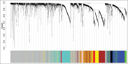 Figure 1. Identification of ER+ breast cancer specific modules using WGCNA. The clustering dendrogram of gene profilers from the data set GSE6532 with 87 ER+ breast cancer patients. Hierarchical cluster analysis dendrogram was used to detect coexpression clusters. Each short vertical line corresponds to a gene and the branches are expression modules of highly interconnected groups of genes with a color to indicate its module assignment. In total, 9 modules ranging from 37 to 507 genes in size were identified. The gray color suggests the 1546 genes that are outside of all the modules.