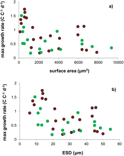 Fig. 4. Comparisons between maximum growth rates for mixoplanktonic dinoflagellates (green) and zooplanktonic dinoflagellates (brown) for different protist cell surface areas (a) and equivalent spherical diameter (ESD, b). Source data from Jeong et al. (Citation2010).