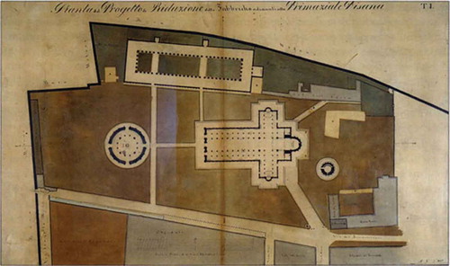 Figure 7. Gherardesca’s transformation project dated from 1841. This drawing shows it in 1941. The square was extended towards the west and east as a result of the works at the Baptistery (1827) and the Bell Tower (1838) and it was already covered by grass (around 1830). Source: Progetto di riduzione delle fabbriche adiacenti alla Primaziale Pisana (AOP, 187, file 29)