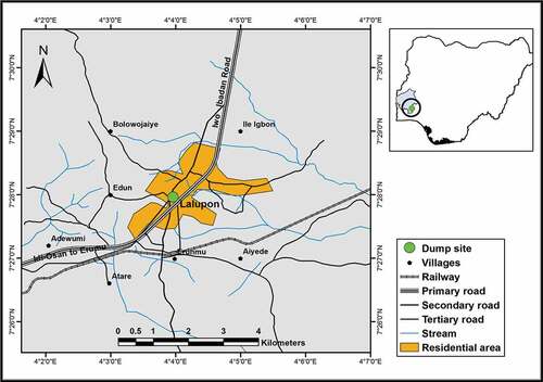 Figure 1. Selected portion of Ibadan showing the location of abadoned battery slag dumpsite at Lalupon