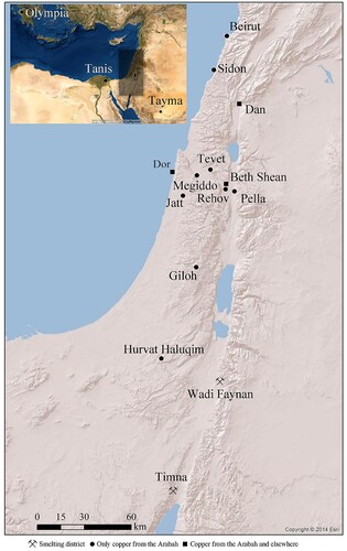 Figure 13. Map showing the distribution of copper in Levantine sites during the Iron I according to LIA. The small map shows sites beyond the Levant where copper from the Arabah was found in Iron I contexts. The dark square indicates the specific area represented on the larger map. In Megiddo, Sidon and Beirut, copper was matched only with Arabah ore (Eliyahu-Behar and Yahalom-Mack Citation2022; Vaelske, Bode, and El-Morr Citation2019). In these sites, however, LI data is not specified and thus do not appear in Figs. 11–12.