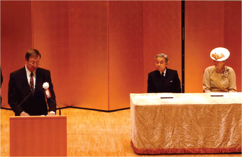 Figure 12. Cockayne delivering the opening address at the 16th International Microscopy Congress, Sapporo 2006, in the presence of the Emperor and Empress of Japan.