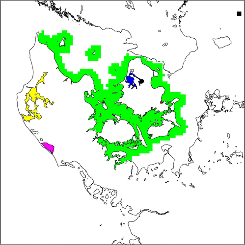 Figure 1. Subdivision for the Danish inner waters and coastal areas. Blue: Roskilde Fjord, 430 km. Green: Danish inner coast, 23,421 km. Yellow: Limfjorden, 1538 km. Orange: Mariager Fjord, 59 km. Red: Præstø Fjord, 15 km. Magenta: Rinkøbing Fjord, 206 km. The Risø site is marked with , while the BY5 site is denoted by .
