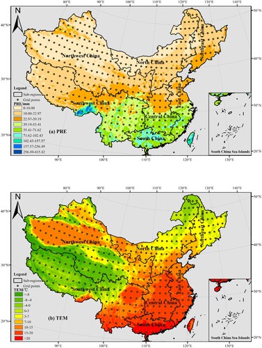 Figure 9. Distribution of 20-year average PRE (a) and TEM (b) over China. The points are located at the central positions of the grids with a spatial resolution of 50 km × 50 km.