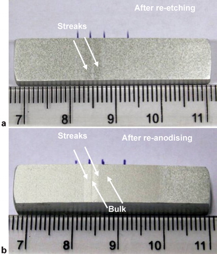 Figure 7. Optical images of alloy after a reetching and b reanodising