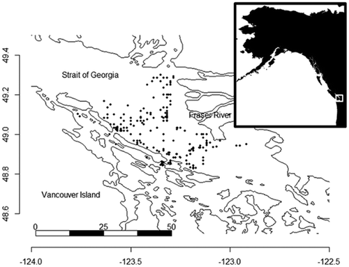FIGURE 1. Map showing the sampling locations of the surface trawls (black dots) in the Strait of Georgia in which Pacific salmon, Pacific Herring, and Eulachon were collected in April–July 1966–1968.