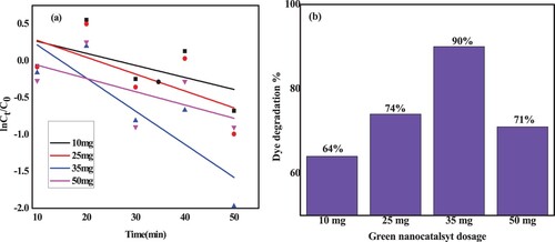 Figure 16. (a) Photodegradation rate kinetics of MB with various ZnO/CuO (20%) NCs catalyst dosage; (b) corresponding degradation efficiency.
