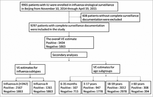 Figure 1. Flow chart of subject enrollment in the test-negative design study for estimating influenza vaccine effectiveness during the 2014/15 influenza season in Beijing, China.
