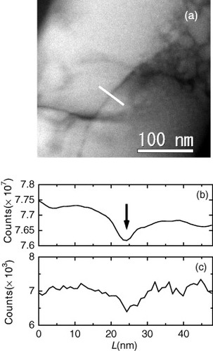 Figure 2 (a) Cross-sectional HAADF-STEM image of grains and grain boundaries of In2O3–ZnO film with x = 0.05. (b) Intensity of HAADF–STEM and (c) EELS O-K edges. Line shows the profile taken on thick line crossing the grain boundary in HAADF–STEM image in (a). The point indicated by the arrow corresponds to the grain boundary.