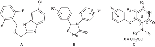 Figure 1.  (A) 7-Chloro-1-(2,6-difluorophenyl)-1H,3H-thiazolo[3,4-a] benzimidazole (7-Cl-TBZ), (B) 2,3-diaryl-thiazolidin-4-ones, and (C) 4-benzyl/benzoyl-pyridin-2-ones benzylpyridinones.
