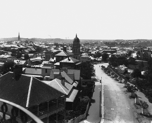 Figure 1. Wickham Terrace, Brisbane, ca. 1900, showing the Baptist City Tabernacle (1890) in the centre, the spire of St Paul’s Presbyterian (Spring Hill, 1889,) to the left, and Wickham Terrace Presbyterian (1887, demolished 1905) on the right edge of the photo (SLQJO, photographer: Poul Poulsen https://hdl.handle.net/10462/deriv/9723 accessed August 29, 2018).