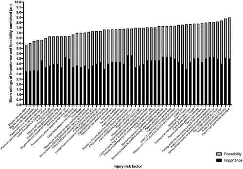 Figure 1. The combined mean ratings of importance and feasibility for each of the injury risk factors.