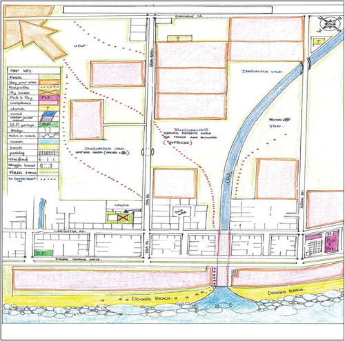 Figure 3. This intricate map was sketched by a male participant from Gordon’s Bay, showing his excellent attention to detail and knowledge of his neighbourhood, particularly natural places.