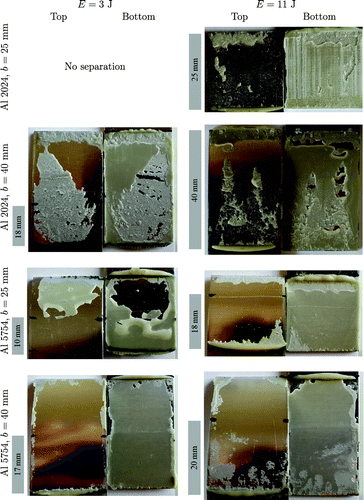 Figure 20. Fracture surfaces of the top and bottom adherends of Al 2024 and Al 5754 adhesive single-lap joints for different overlap lengths and impact energies.