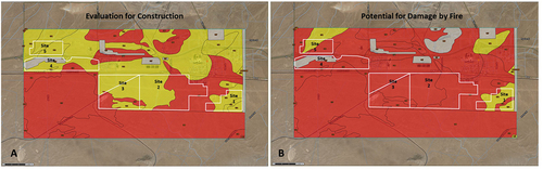 Figure 4. A. Evaluation for ground-based solar arrays, ballast anchor systems or soil-based anchor systems, red (somewhat limited), yellow (very limited). B. Potential for damage by fire, yellow (moderate), red (high) based on information obtained from the USDA WSS.