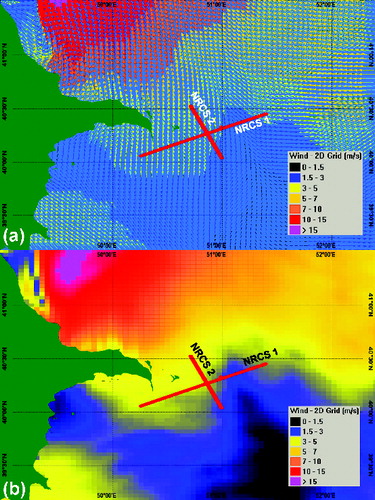 Figure 19. Wind speed from OSCAR System for 18 May 2009 at 18:29; (a) vector model and (b) grid odel.