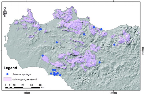 Figure 5. Central and Western Sicily. Areas in which the top of the geothermal reservoir matches with the topography, the thermal springs are also sited. In eastern Sicily the reservoir is mostly buried.