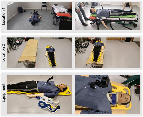 Figure 4. The locations used for the user experiments and the utilized equipment for performing spinal immobilization and patient transfer.