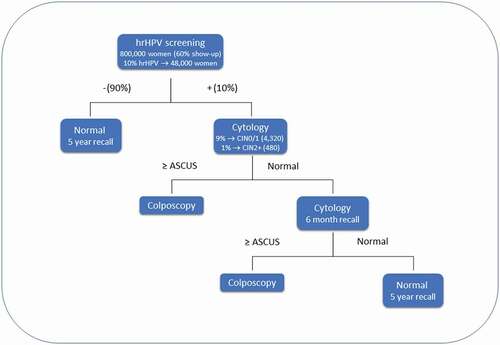 Figure 1. Flow chart of Dutch population-based screening for cervical cancer (numbers are from 2019). ASCUS (Atypical Squamous Cells of Undetermined Significance) [Citation4]
